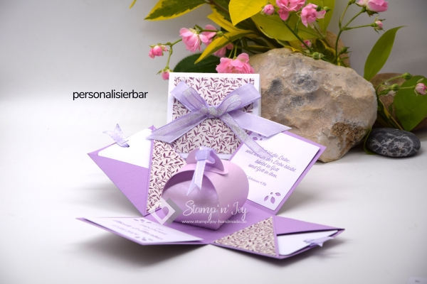 Explosionsbox Hochzeit ca. 7x7x7cm personalisierbar | Geldgeschenk | Zierschachtel | Motiv: floral | lavendel lila weiß | Art. Nr. 03020406